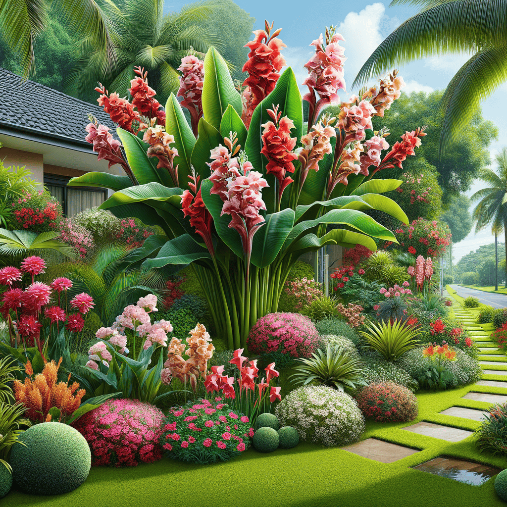 Illustration of canna lilies create beautiful tropical garden