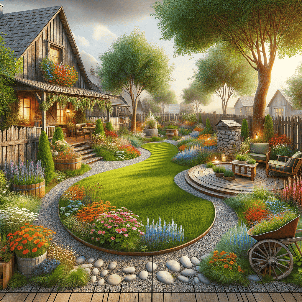 Illustration of farmhouse style landscape right